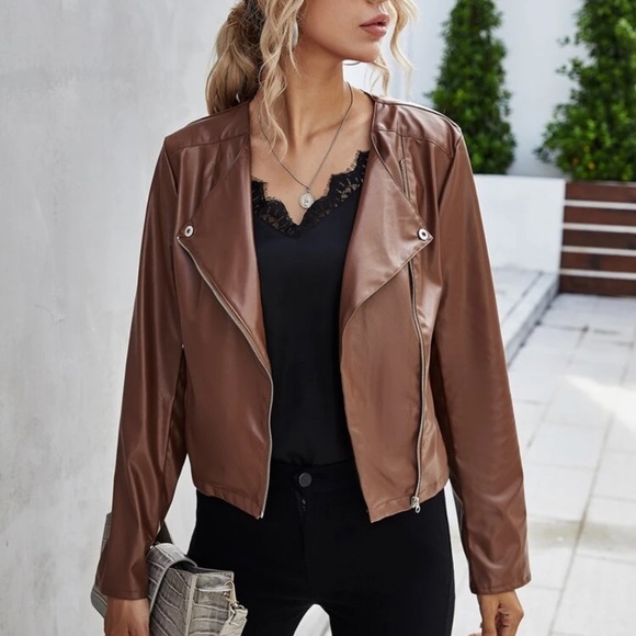 Jackets & Blazers - Minimalist vegan leather moto jacket dark brown